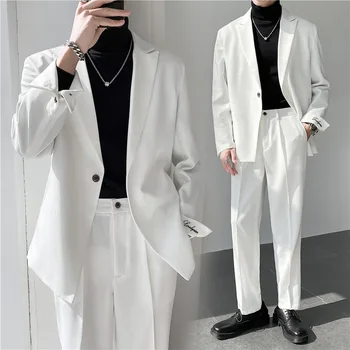 Корейские мужские костюмы свободного покроя, весна-лето, повседневный Белый Черный Серый Двубортный молодежный костюм, костюм для выпускного вечера, Homme Куртка + брюки