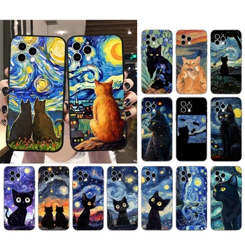 Кошка Звездная Ночь Ван Гог Чехол Для Телефона iphone 15 14 Pro Max 13 12 11 Pro Max XSMax XR 12 13 mini 14 Plus