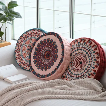 Круглая подушка в этническом стиле Богемии 45 см с наполнителем, Винтажный узор, диван-футон для медитации, Йоги, Подушка для спинки кресла на полу