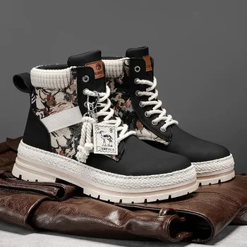 Новые зимние ботинки Мужская обувь 2023 года для пеших прогулок в ретро-дизайне, мужская повседневная обувь на открытом воздухе, мужские высокие треккинговые кроссовки с принтом