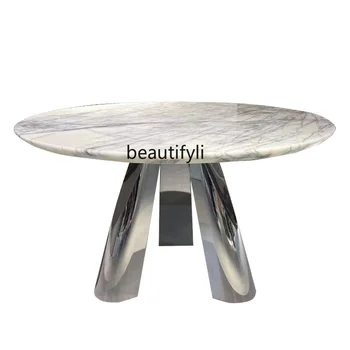 Обеденные столы и стулья из натурального мрамора в скандинавском стиле, Современный Светлый Роскошный круглый стол с зеркалом из нержавеющей стали