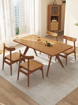 Обеденный стол в западном стиле из массива дерева, обеденный стол из белого вощеного дерева, прямоугольный обеденный стол из большой доски в деревянном стиле, полностью из массива дерева