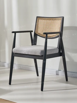 Обеденный стул из ротанга из массива дерева с ретро простым черным дизайном кофейня современный отель с одной спинкой для отдыха