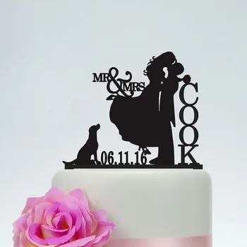 Персонализированные силуэты жениха и невесты на крышках свадебного торта с фамилией собаки и датой Mr. и Mrs. Cake Toppers Wedding