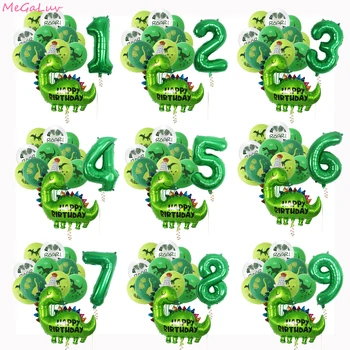 С Днем рождения, номер 0-9, воздушные шары с динозаврами из зеленой алюминиевой пленки, принадлежности для украшения детского душа 0