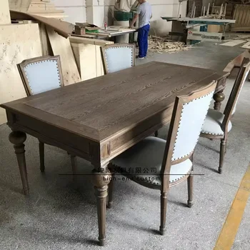 Сочетание винтажного, выветрившегося серого обеденного стола и стула во французском стиле, ресторанная мебель из массива дерева, простая американская мебель
