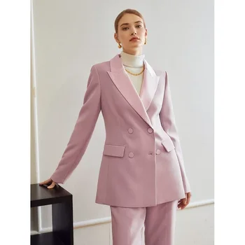 Шикарный розовый атласный козырек с лацканами, двубортные офисные женские костюмы из 2 предметов, модные формальные повседневные базовые комплекты брюк 2023